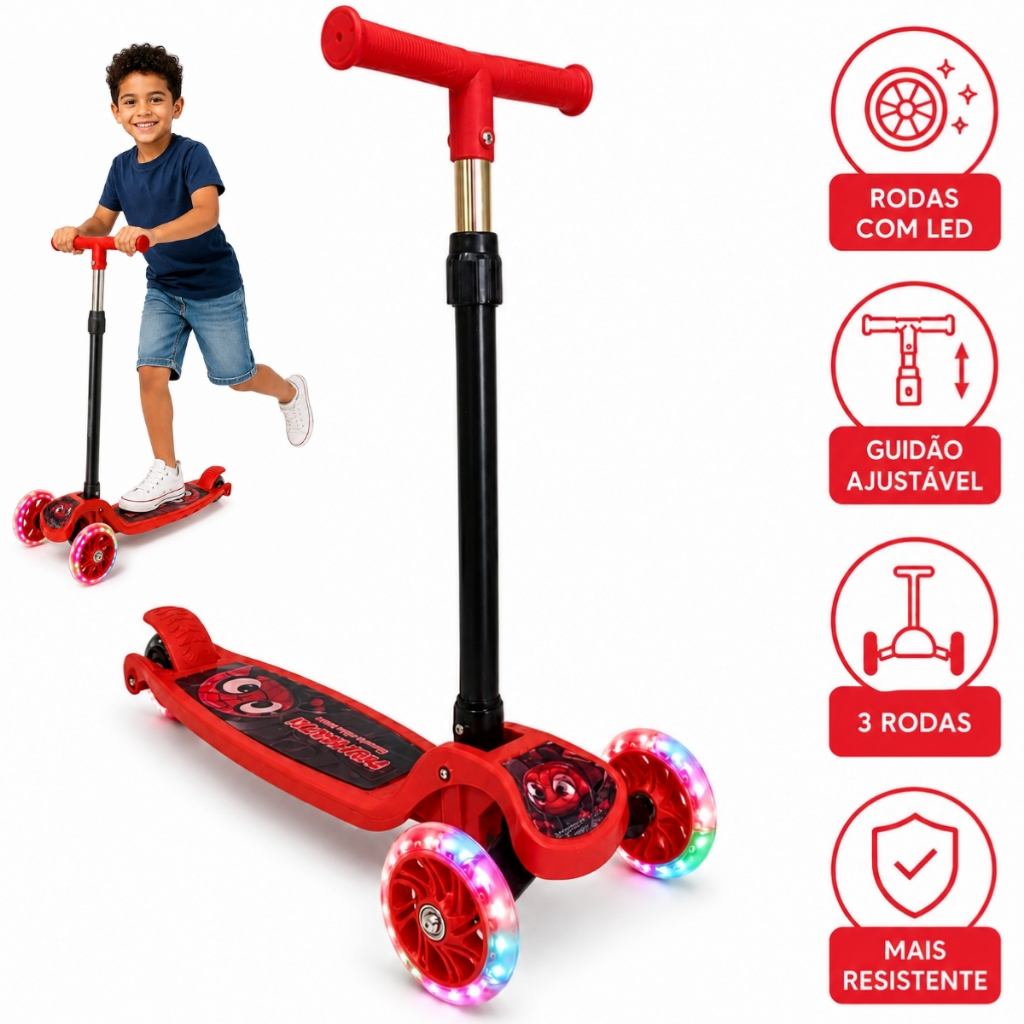 Patinete 3 Rodas Infantil Freio Segurança Ajuste Altura Led Colorido