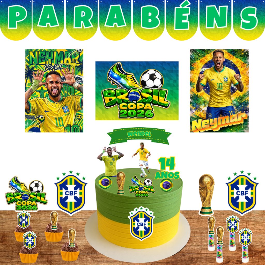 Kit Festa Copa do mundo 2026 Neymar Topo de Bolo Personalizado