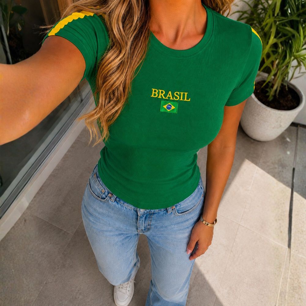 Blusinha Canelada Brasil Básica Copa Mundo Torcida Blusa Camiseta Feminina Dia a Dia