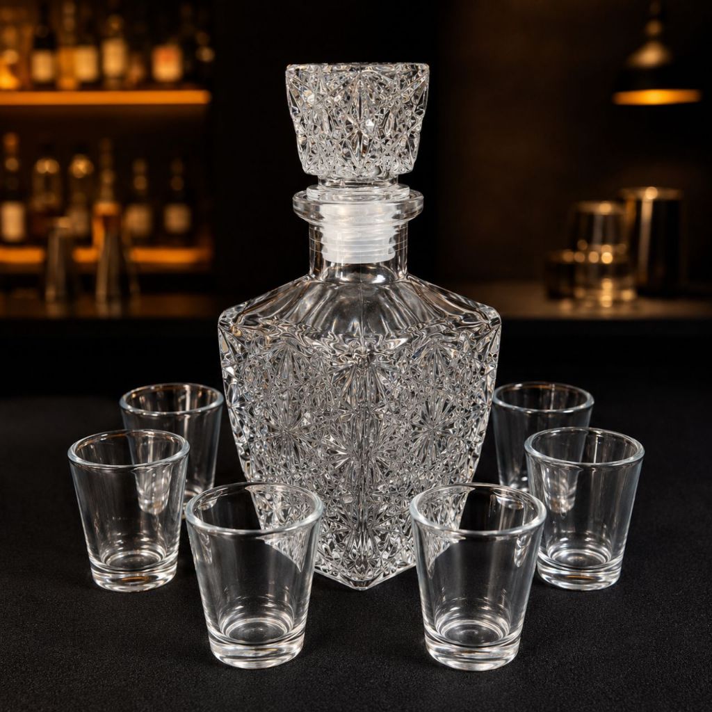 Kit Premium para Whisky e Licores: Licoreira de Cristal 500ML + 6 Copos Shot de Vidro 50ml