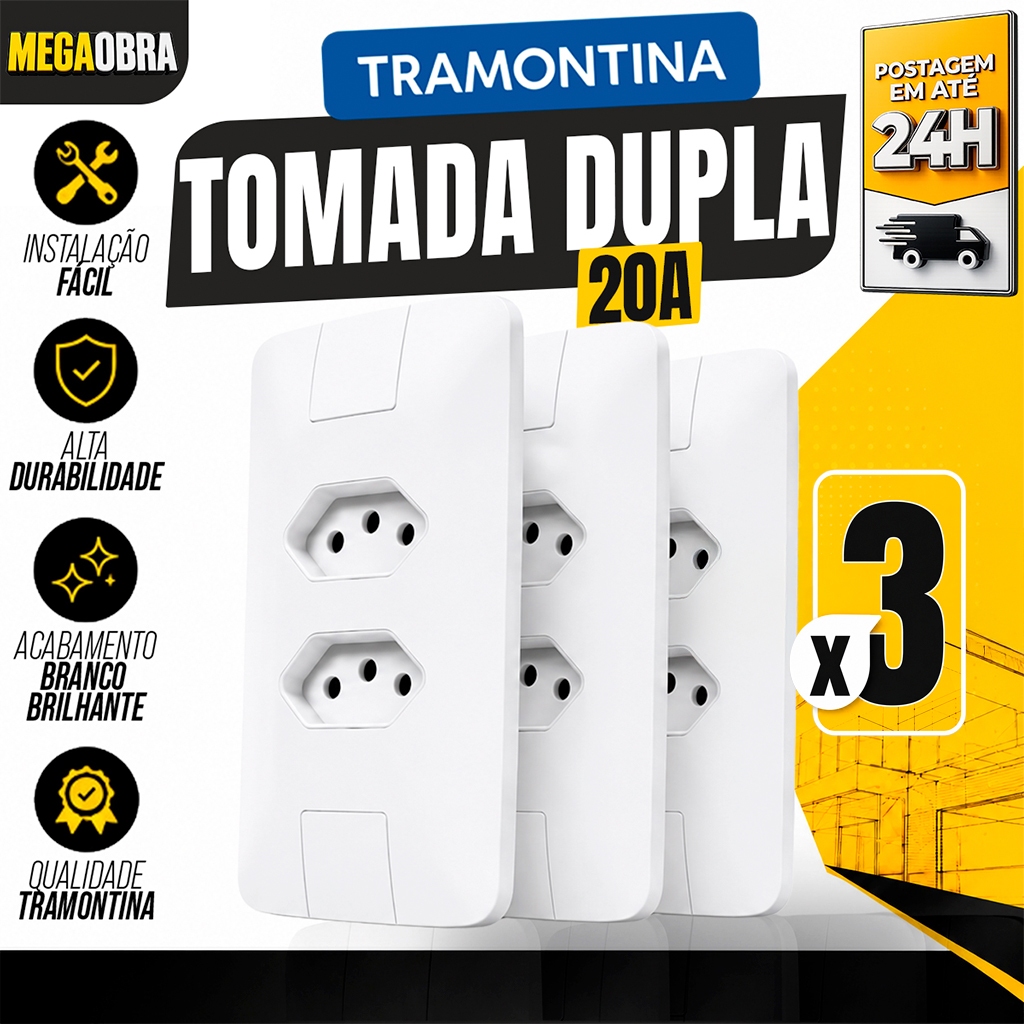 Kit 03 Tomada Dupla 20A Tramontina Linha Aria 4x2 Modular Duas Tomadas Pino Grosso