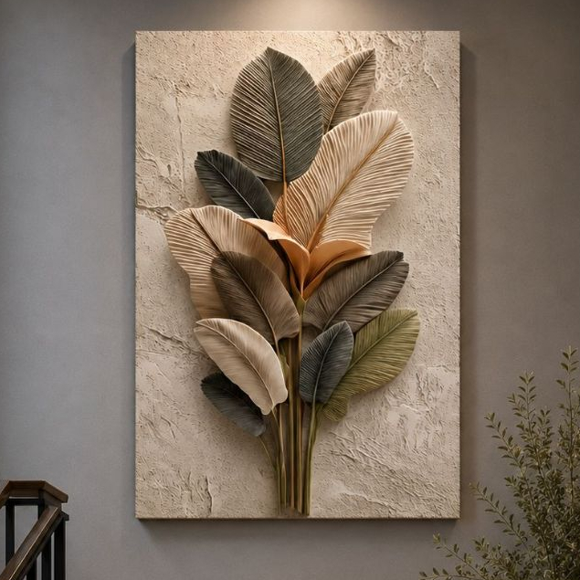 Quadro Gigante 1,10X70 CM Efeito ILUSÃO 3D Decorativo Botânico Minimalista Luxo Bege Sala Quarto