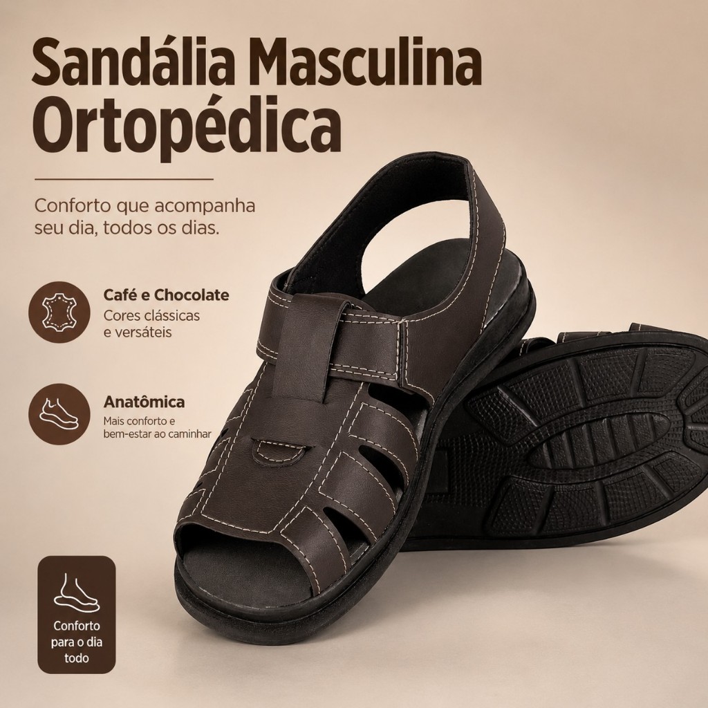 Sandália Masculina Ortopédica Confortável Anatômica Casual Macia Antiderrapante Dia a Dia