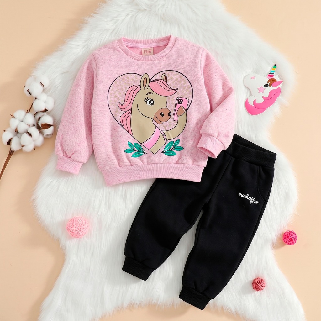 Conjunto Moletom Flanelado Menina Estampa Cavalinho 1 a 3 Anos com Elástico na Cintura Inverno