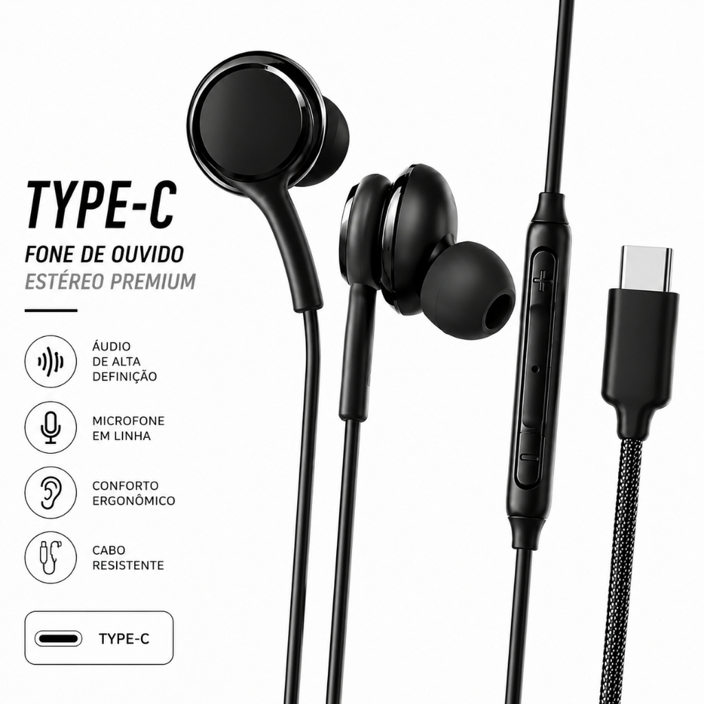 Fone Tipo-C In-Ear Stereo com Microfone Preto e Branco