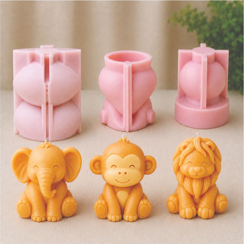 Molde de Silicone Safari leão Elefante Macaquinho Girafa 5cm para velas artesanais velas