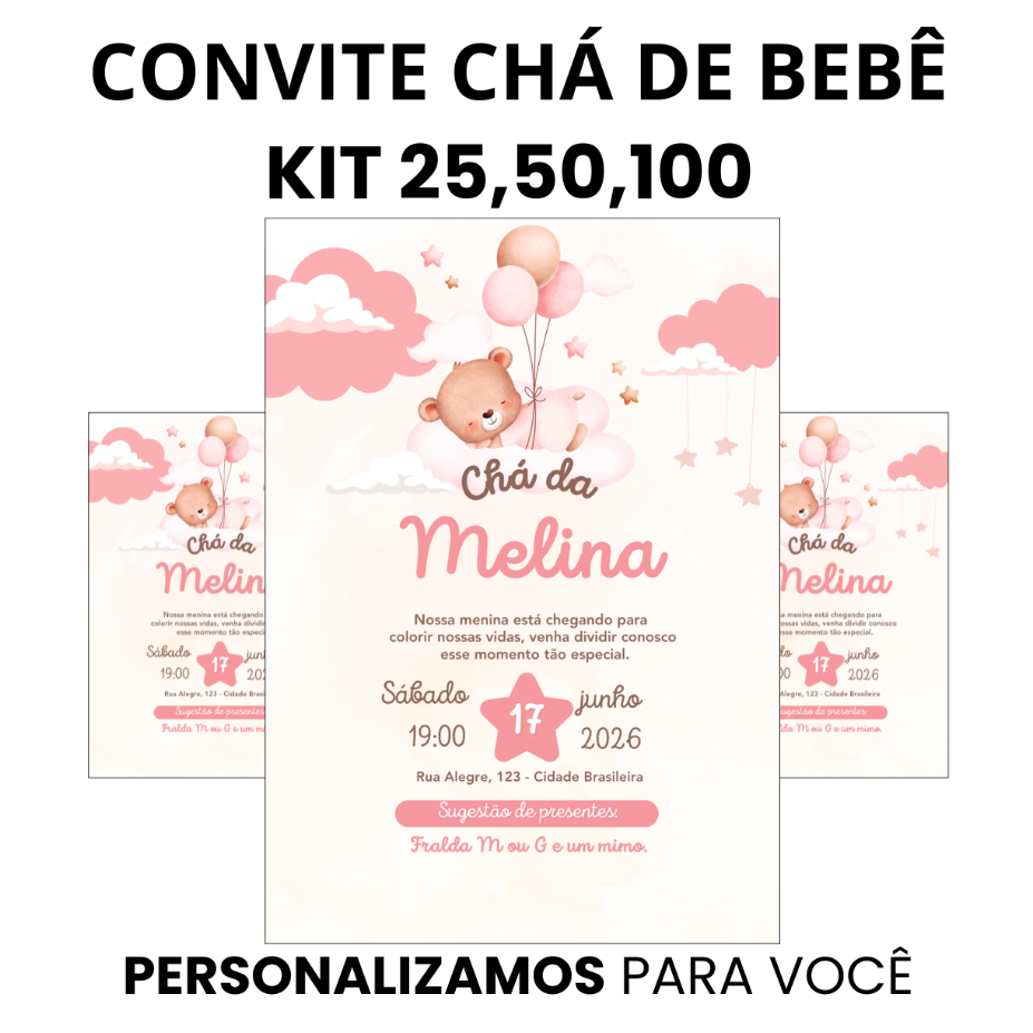 Convite personalizado para chá de bebê menina tema ursinho, produzido com impressão colorida em papel fotográfico glossy