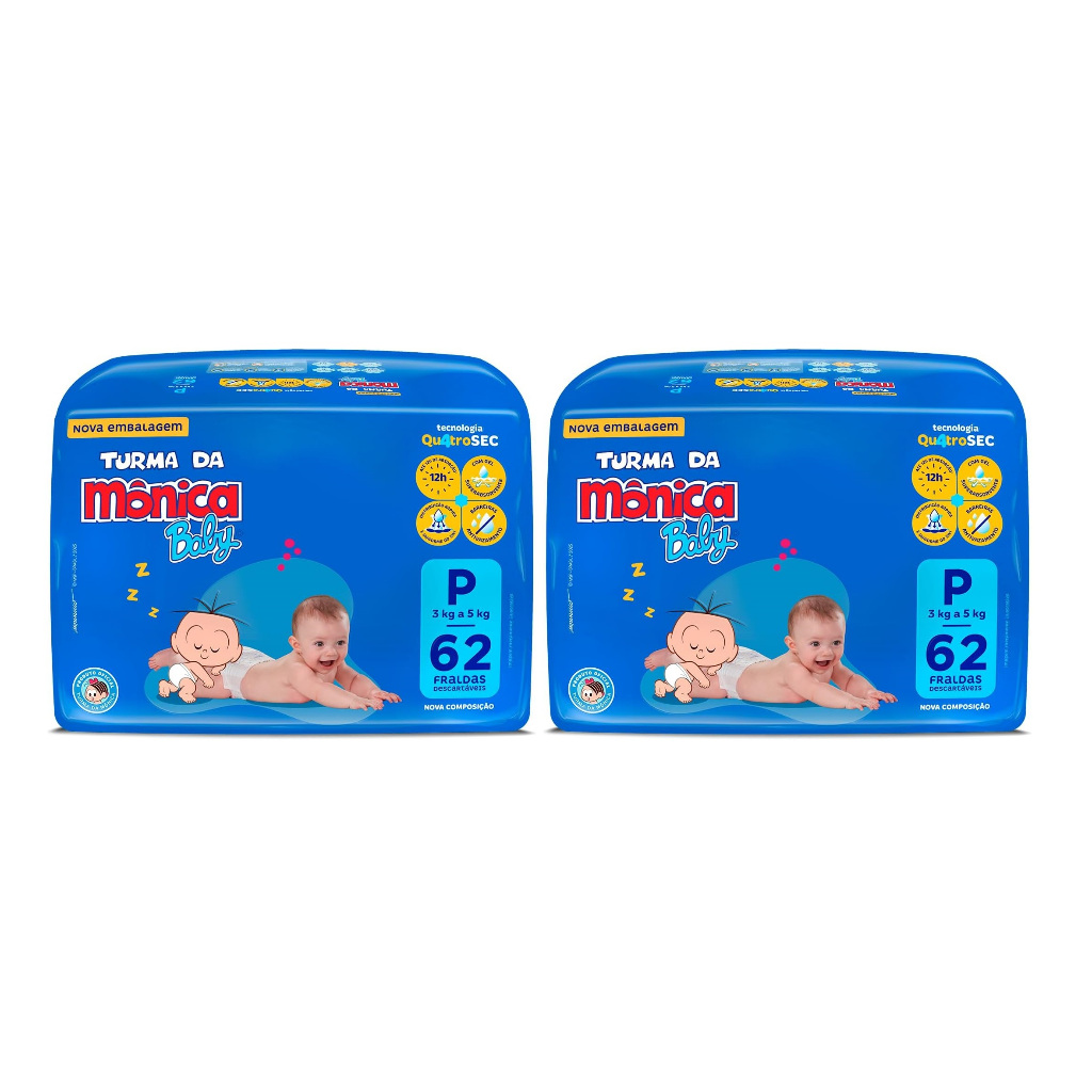 Kit 2ptes Fralda Turma da Mônica Baby P 3-5kg 62un cada