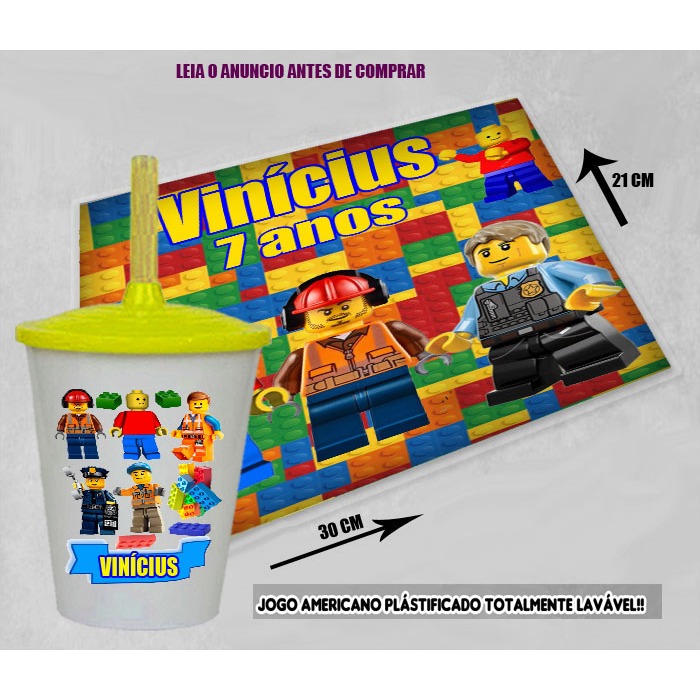 Kit Jogo Americano e copo twister Personalizado para festa de aniversario da Lego