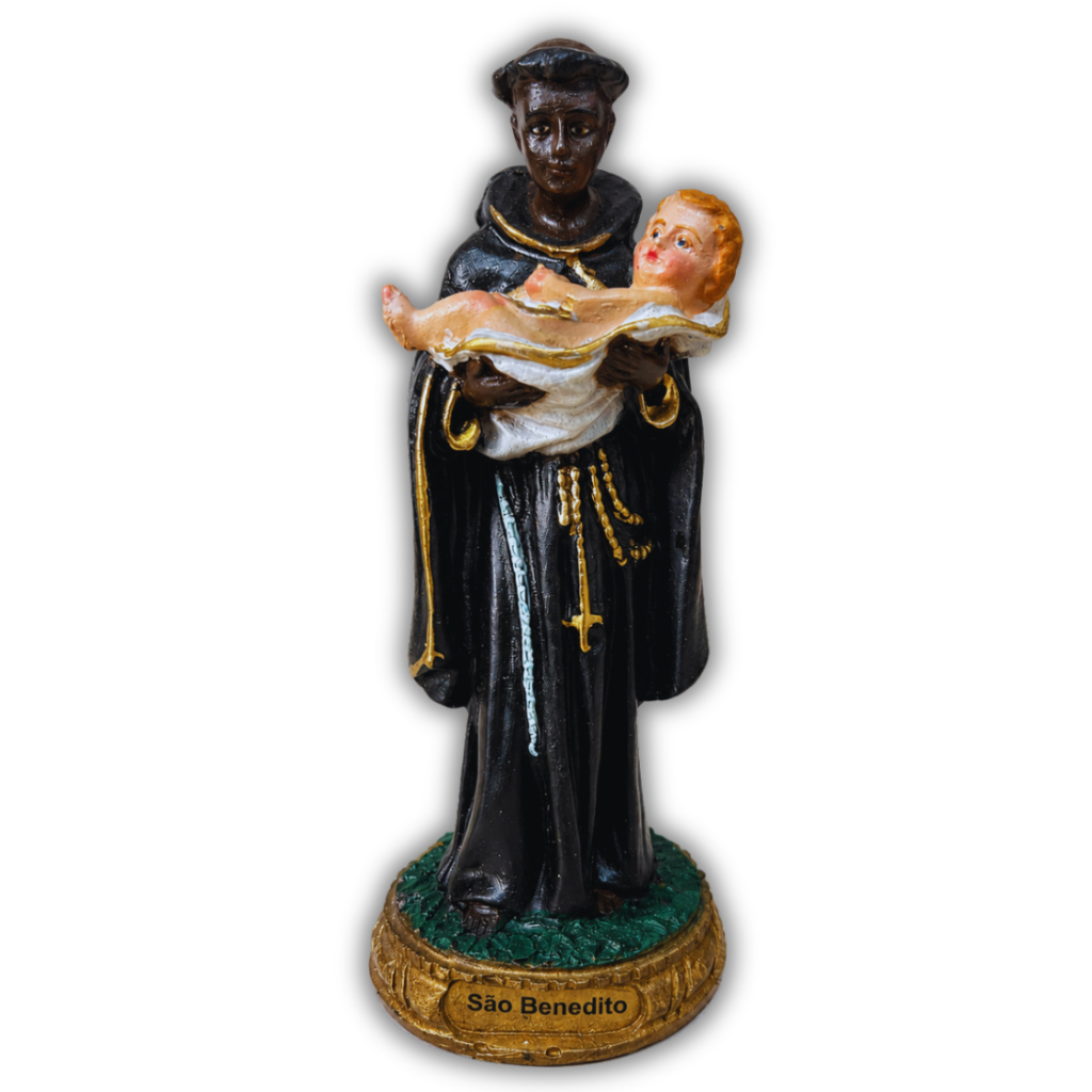 Imagem São Benedito 15cm Resina Sacra Decorativa Acabamento Refinado Pintura Artesanal Católica