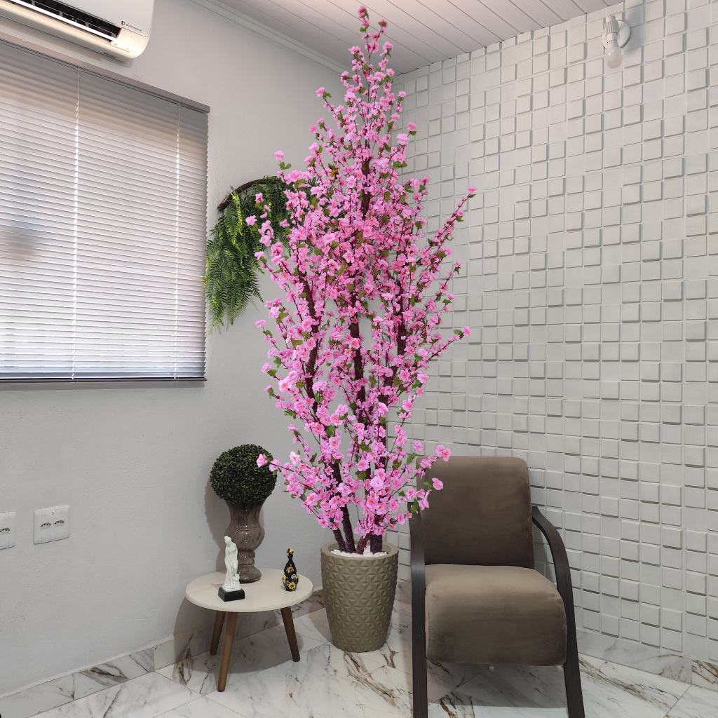 Árvore Artificial Cerejeira Sakura Grande 270cm Rosa Vaso e Pedra