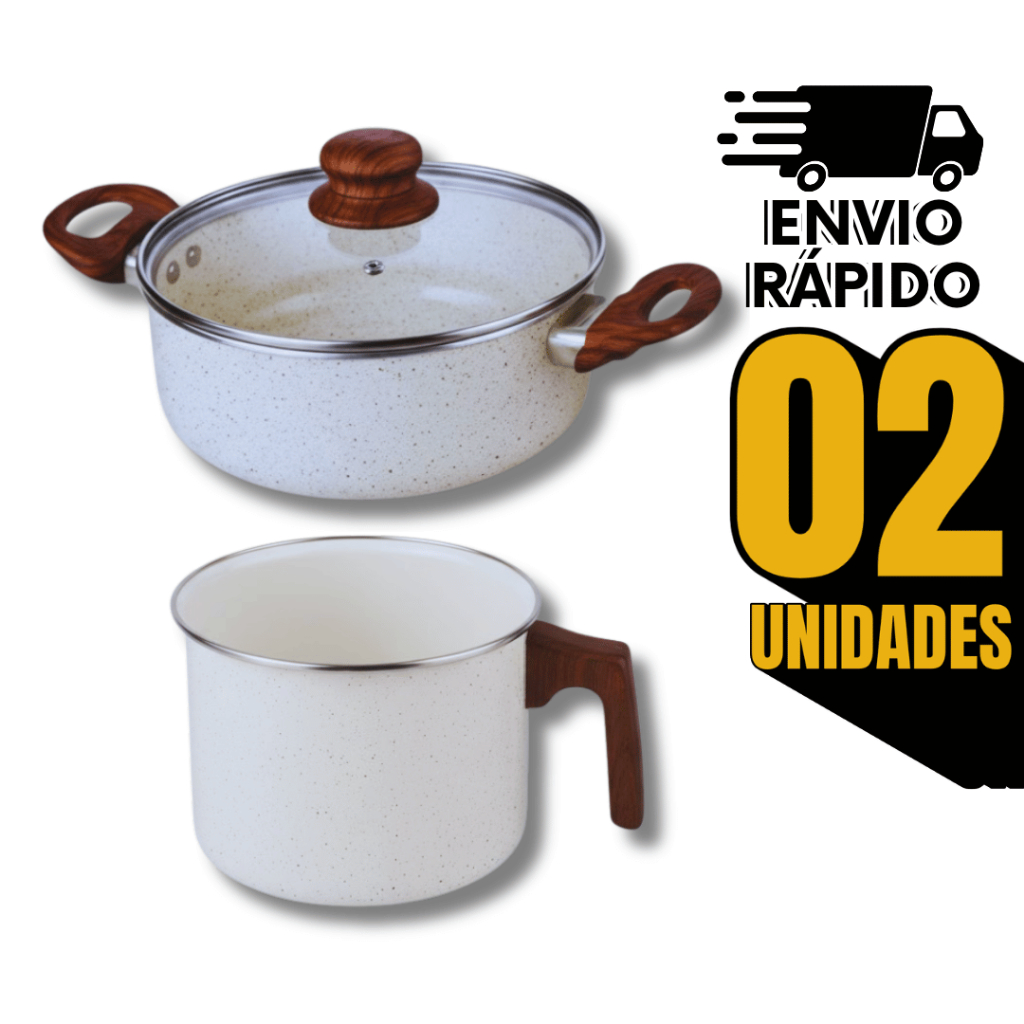 Combo Panela Caçarola 20Cm Leiteira 14Cm Indução Cerâmica Antiaderente Não Gruda Branca Praticidades