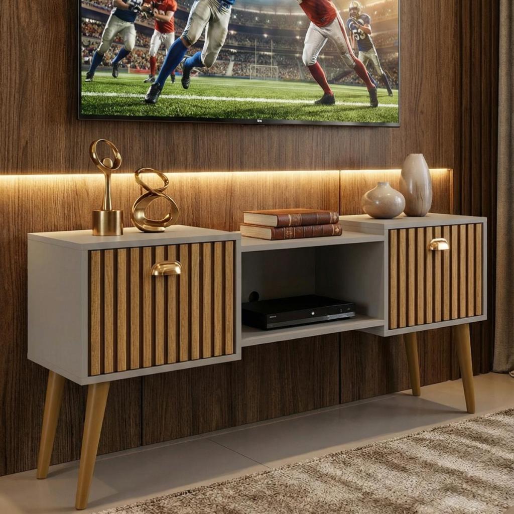 Rack Bancada Studio Leão 1.80cm Tv 75pol e 1.20 com pés Tv 50pol Home com 2 Portas - Lançamento Mirassol