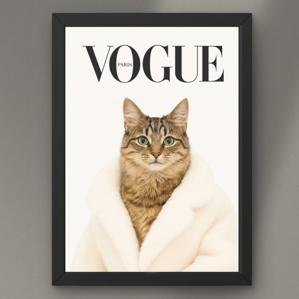 Quadro Placa Decorativo Personalizado Vogue Animal Gato Estilo Moda Elegante Capa de Revista