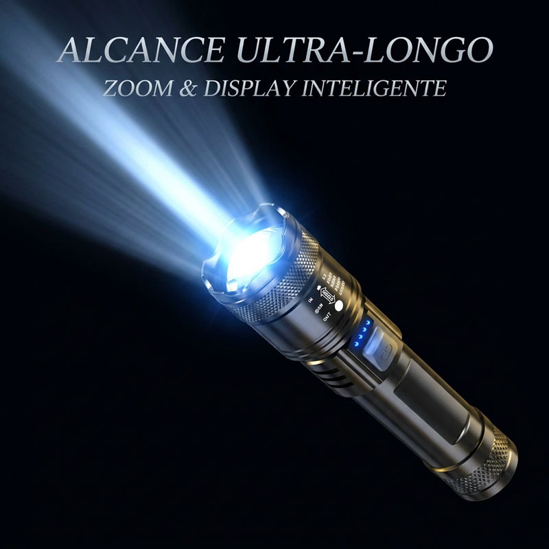 Lanterna super brilhante com zoom, recarregável, de longo alcance, ideal para camping e emergências