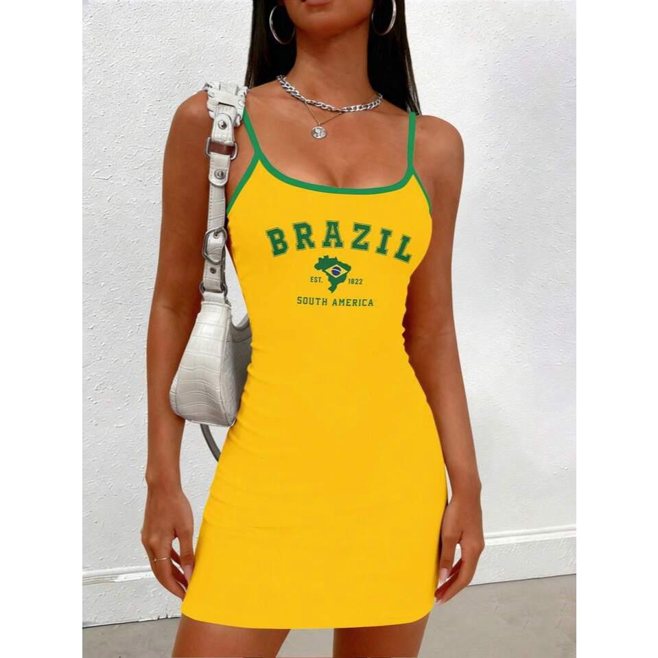 Vestido do Brasil Feminino Curto Copa do Mundo Seleção Brasileira Verde Amarelo COP15