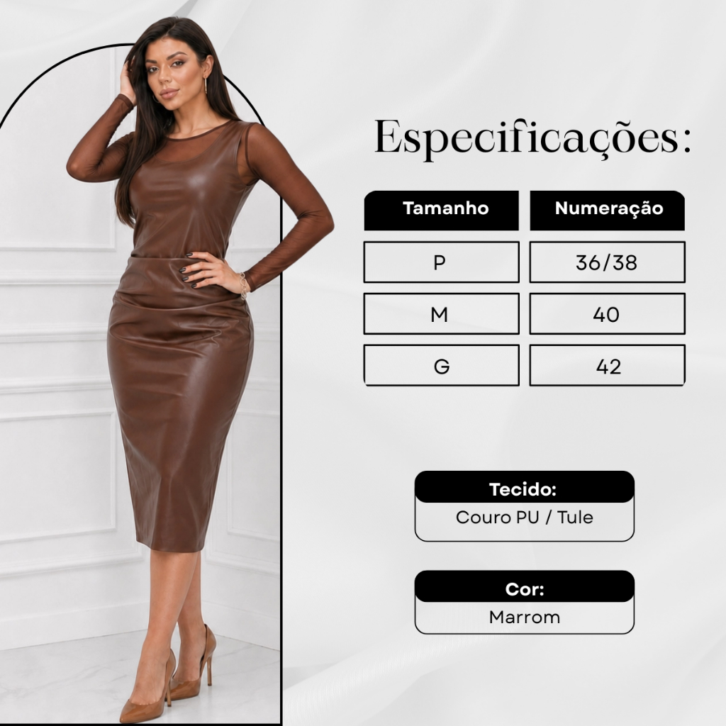 Conjunto Body Tule Vestido Couro Franzido Lateral Regata Feminino Moda Outono — imagem 2 de 2