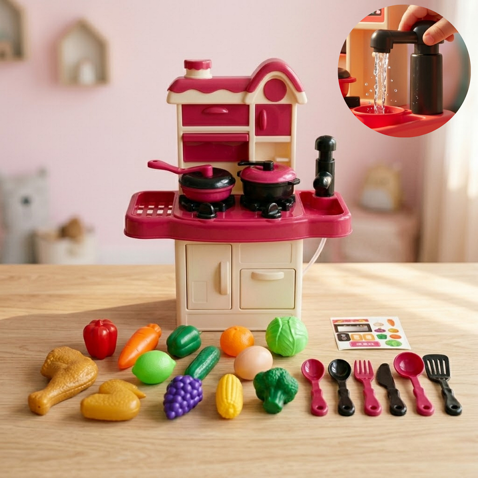 Cozinha Infantil Mini Fogãozinho Brinquedo Pia Lava Louça Água De Verdade Kit Comidinhas 20 Peças