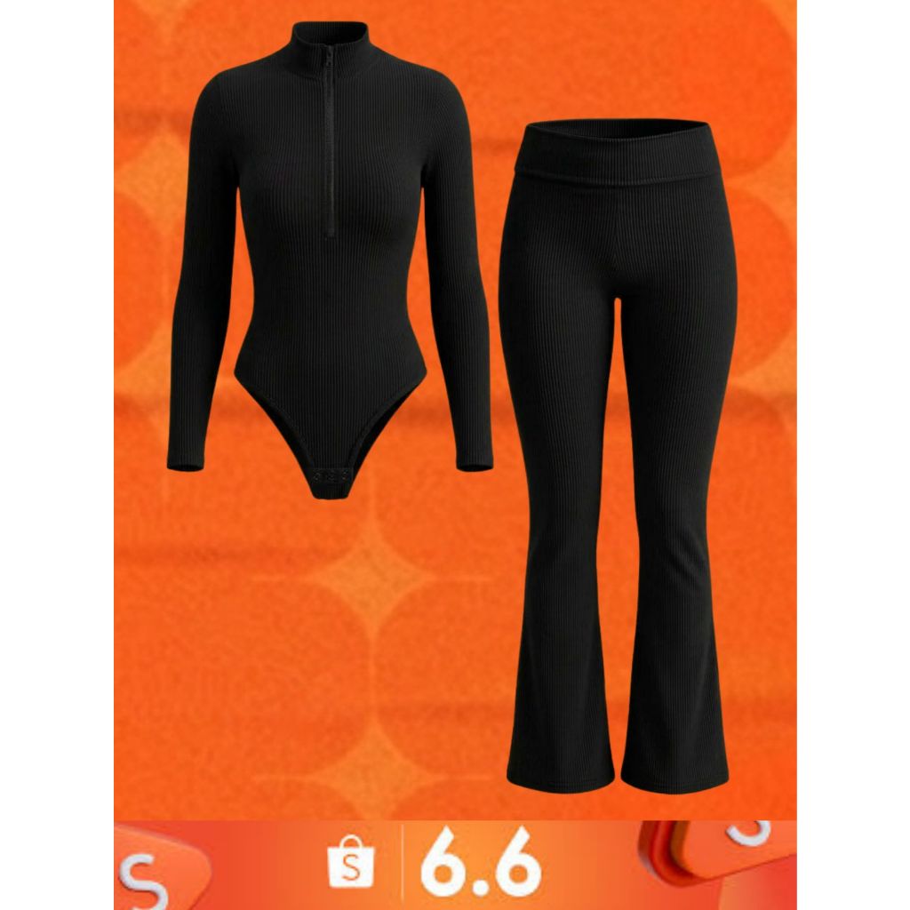 Conjunto Body Manga longa Ziper e Calça flare Feminina Moda Fitnes