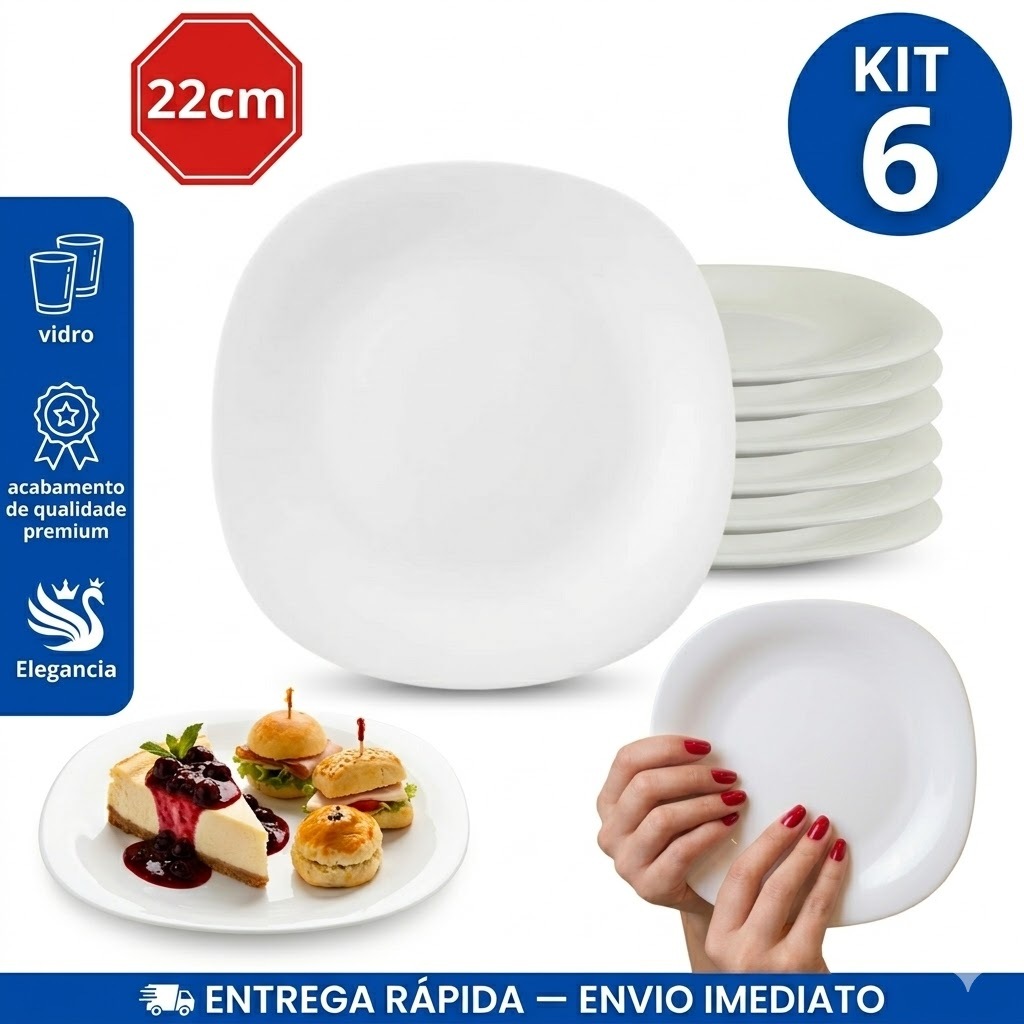 Jogo 06 Pratos quadrados sobremesa Branco opaline 06 unidades 20cm Restaurante bar hotel casa