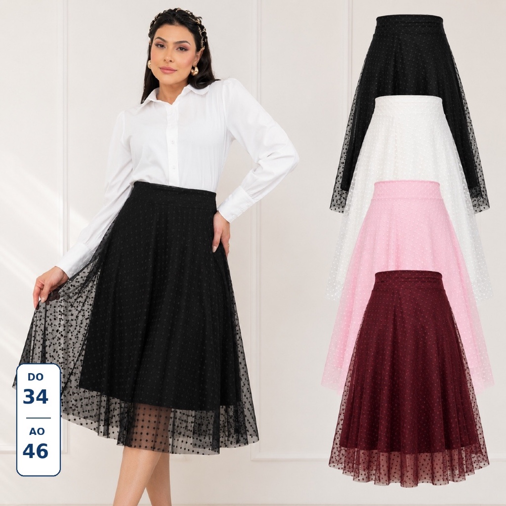 Saia Tule Midi Plus size Feminina Moda Evangélica