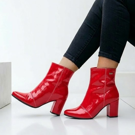 Bota Feminina Verniz Confortável Bico Fino Luxo Salto Bloco Zíper Lateral Ref. 20/125