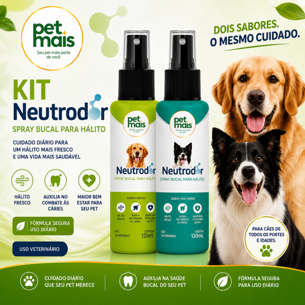 Spray Bucal Petmais 120ml para Cães e Gatos Neutrodor Hálito Fresco Cravo Chá Verde