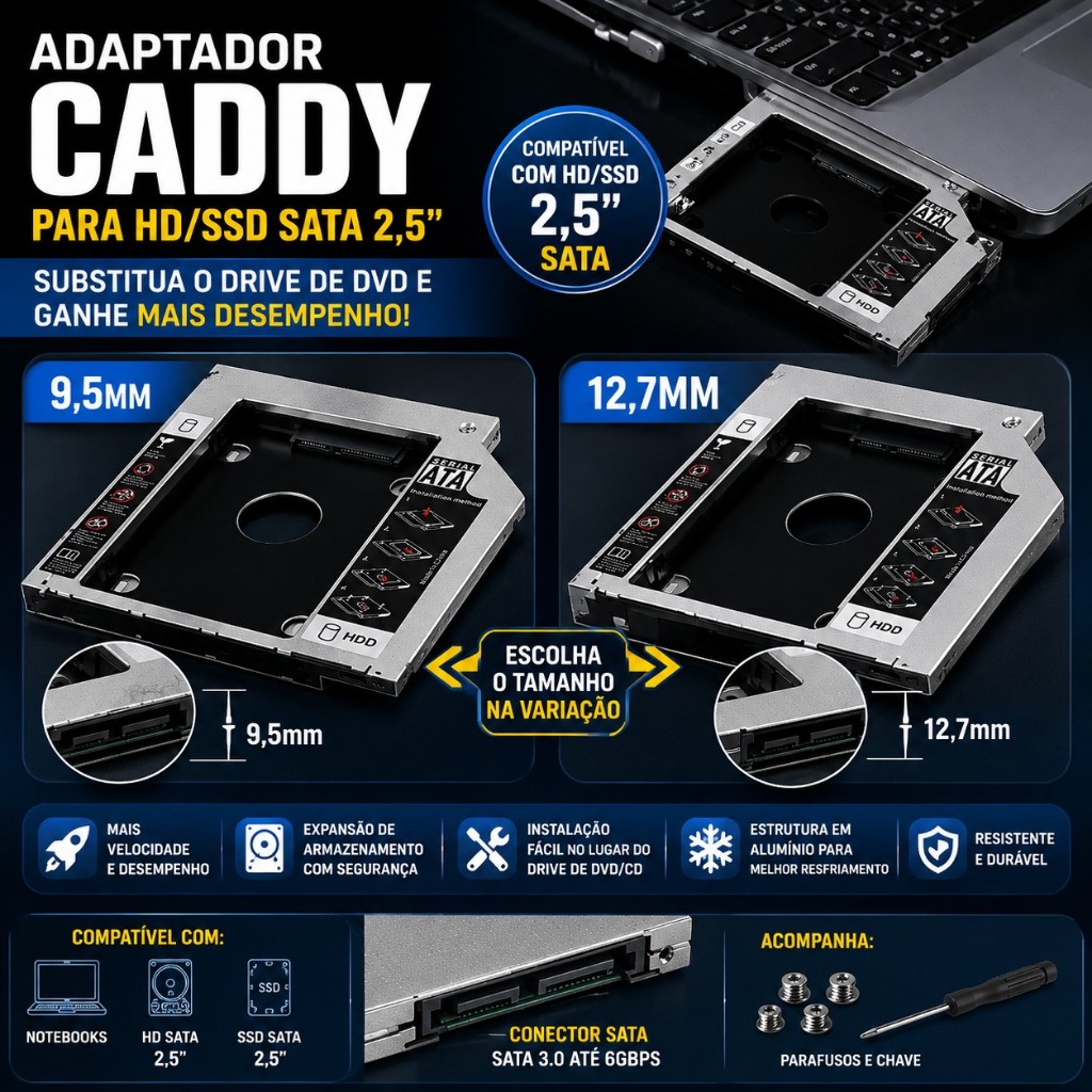 Adaptador Caddy 9,5mm E 12,7mm Para HD SSD SATA 2,5 Notebook Gaveta DVD Case Universal