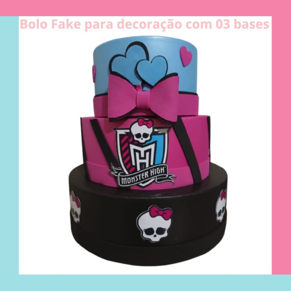 Bolo Fake em isopor encapado em EVA 3 andares - bolo fake tema Monster - High