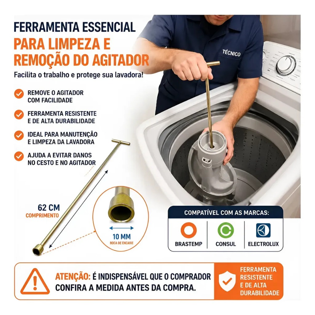 Chave T 10mm Longa Agitador Brastemp Consul  varios modelos