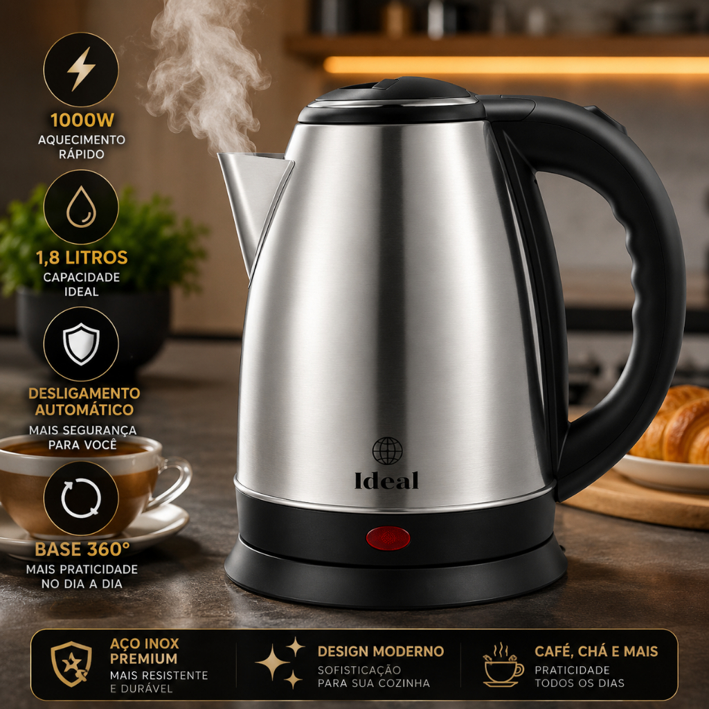 Chaleira Elétrica Inox 1,8L 1000W Aquecimento Rápido Desligamento Automático 127V