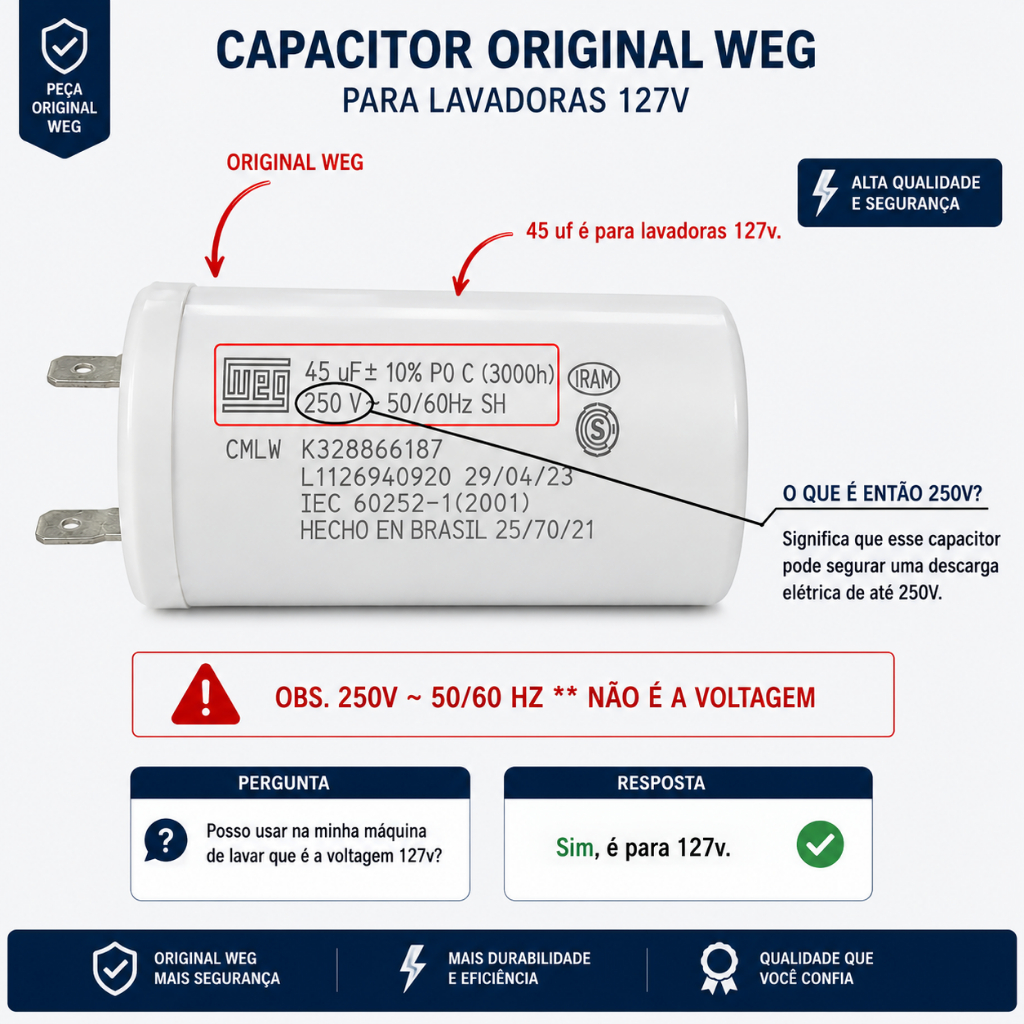 Capacitor 45uf 127v serve para Todas as Lavadora de roupas Brastemp Consul
