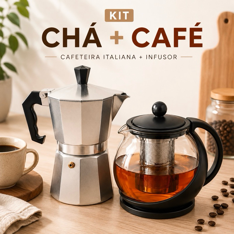Kit Chá e Café | Cafeteira Italiana + Bule Infusor | Presente Elegante | Café Da Tarde