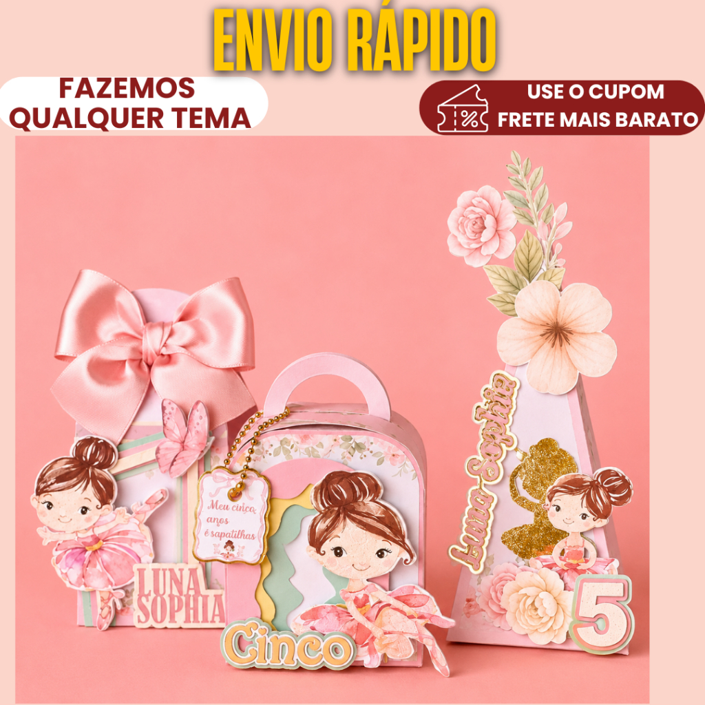 Lembrancinha Personalizado Kit Clássico Bailarina |MONTADO, C/ LAÇO  E COM TAG 3D/ Caixinhas