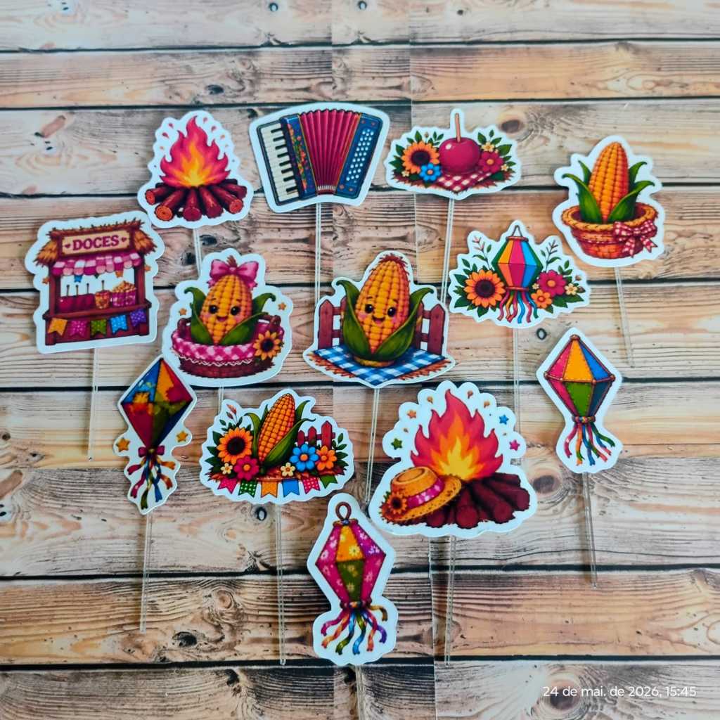 Topper para Docinhos Festa Junina Kit c/ 30 unidades – Milho, Fogueira, Balão e Doces – Decoração São João