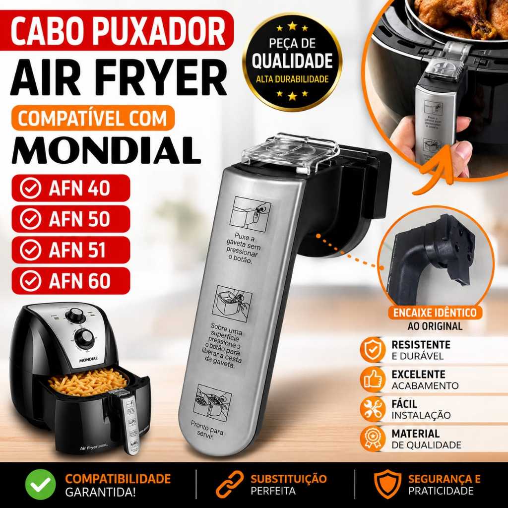 Puxador Compativel com Air Fryer Mondial Afn-40, Afn-50, Afn-51, Afn-60, Na Cor Preta (7016)