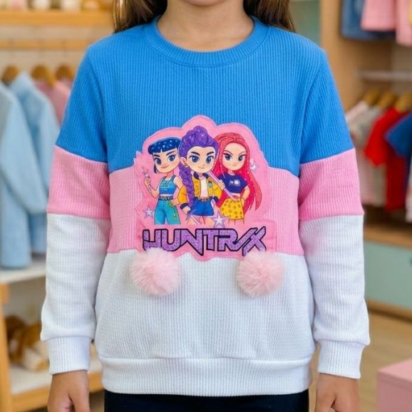 blusa femenina infantil criança menina guerreiras do kpop huntrix tamanho 2,4,6,8,10,12 blusa kpop com pompom na frente