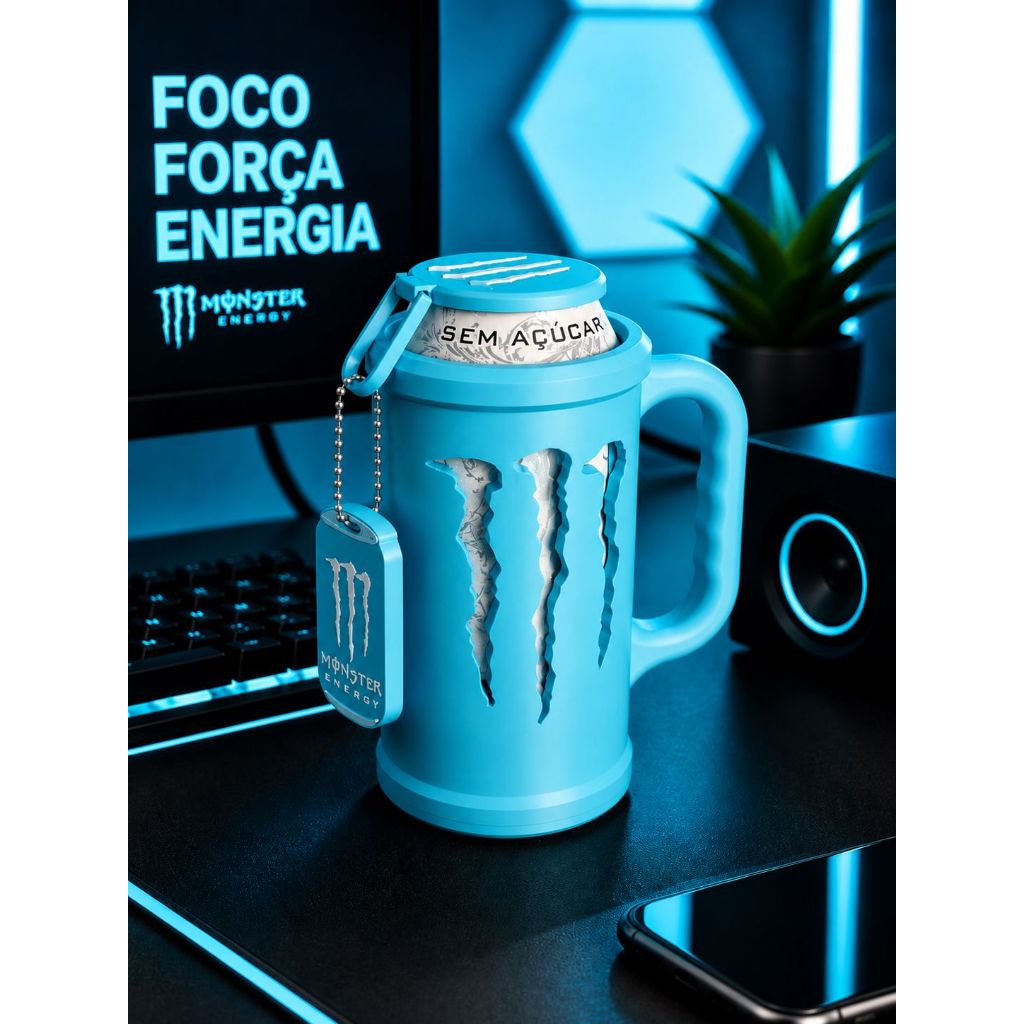 Porta Lata Monster Energy 473ML 3 em 1 com Tampa Protetora + Abridor Chaveiro