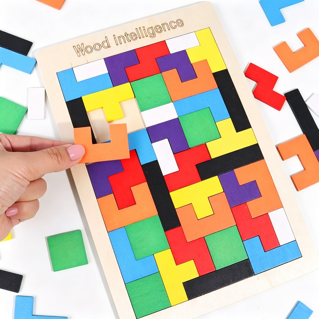 Tetris Quebra-Cabeça 3D Colorido Tangram Madeira Brinquedos Jogo De Brinquedo Educativo Montessori Infantis Pedagógicos