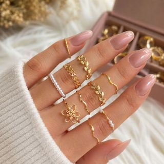 Kit 10 Anel Aneis Feminino Falange Dourados Ajustáveis Elegantes Delicados Para Fotos Nails Designer