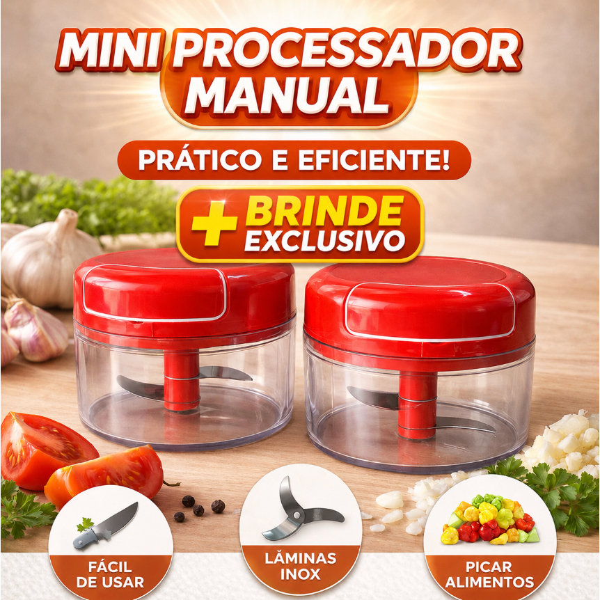 Triturador Manual 200ml Mini Processador Alho Cebola Legumes 2 Lâminas Aço Inox Portátil
