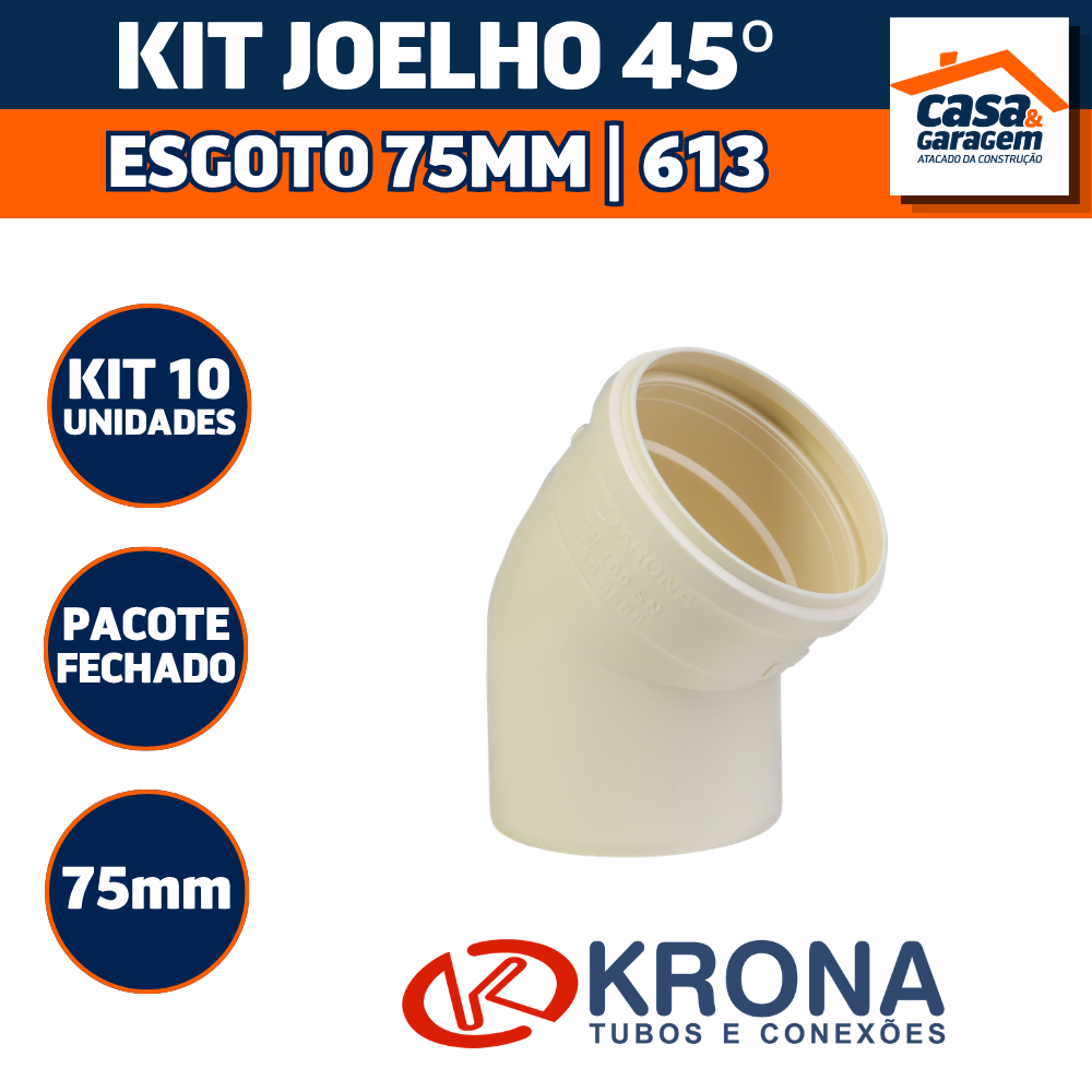 Kit Com 10 Joelho 45° Esgoto 75mm 613 Krona Conexão Hidráulica PVC
