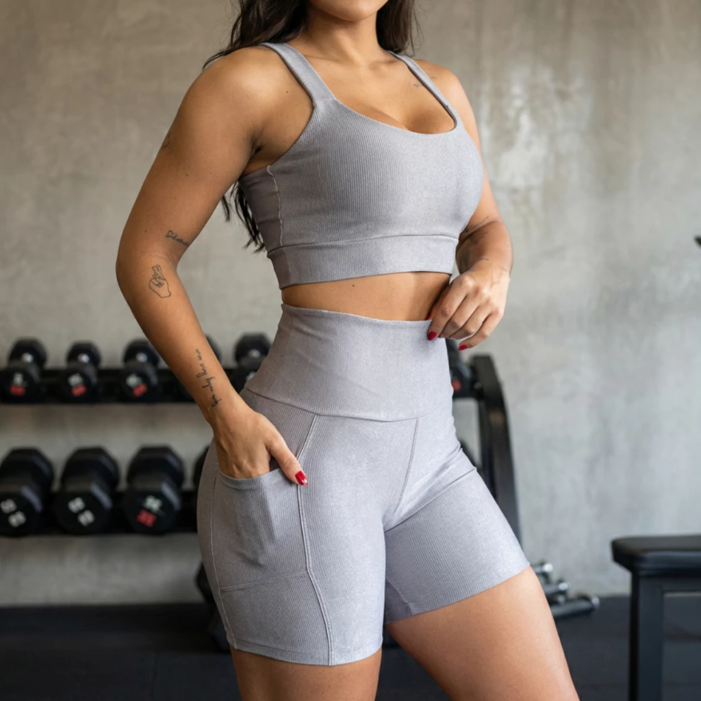 Kit Conjunto Canelado Top de Academia e Short com Bolso Para Corrida Topper Feminino Roupa Fitness Feminina Legging Alta — imagem 1