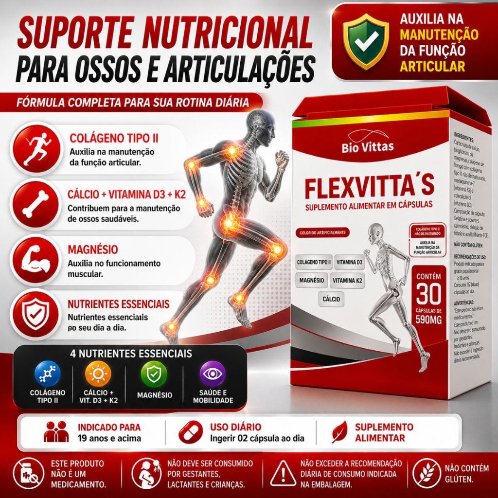 Colágeno Tipo II + Cálcio Magnésio D3 K2 MDK 30 Cápsulas - FlexVittas - Bio Vittas