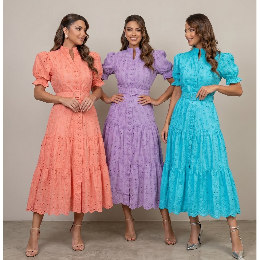 Vestido Midi Fabiana Renda Guipir com Botões e Cinto Casamento Madrinha Laise Festa Noiva Civil CN