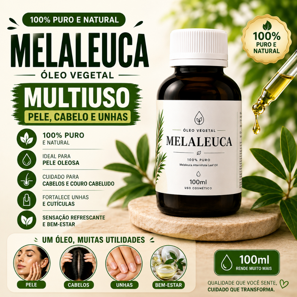Óleo de Melaleuca 100% Puro 100ml Pele Cabelo Unhas Uso Diário