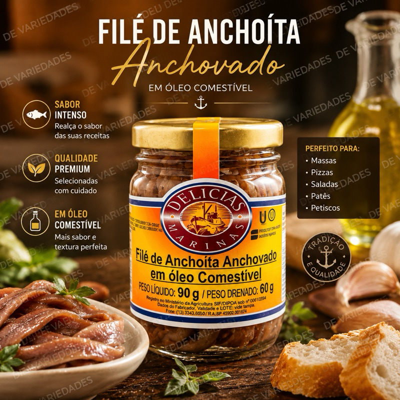 Filé de Anchova Anchovado Delicias Marinas 90g em Óleo Comestível | Importado Gourmet
