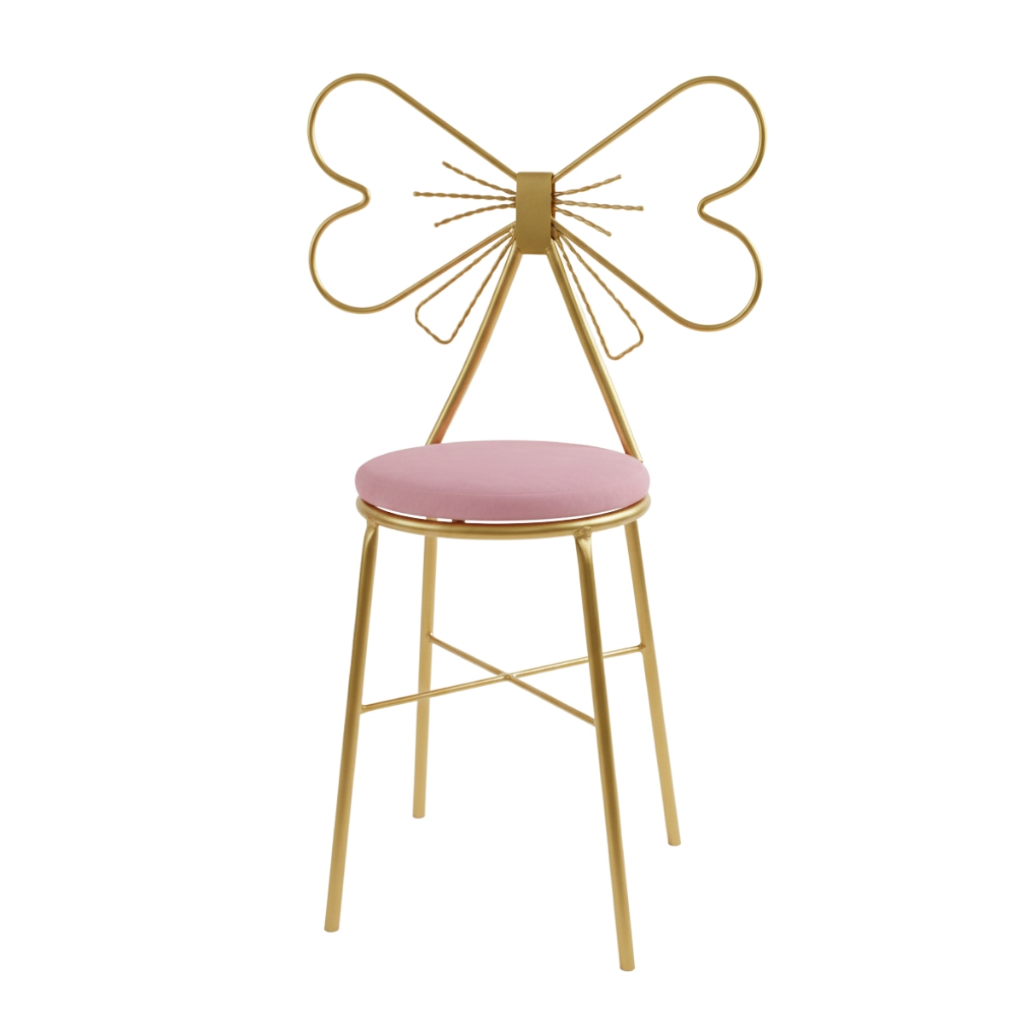 Cadeira Infantil Laço Princesa Luxo Dourada Rosa Alta Em Ferro Para Penteadeira Decoração