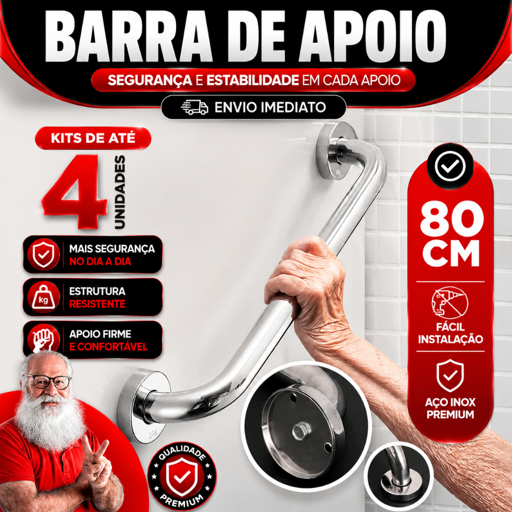 Alça Barra De Apoio Suporte Para Parede Inox 80cm Banheiro Corrimão Aço