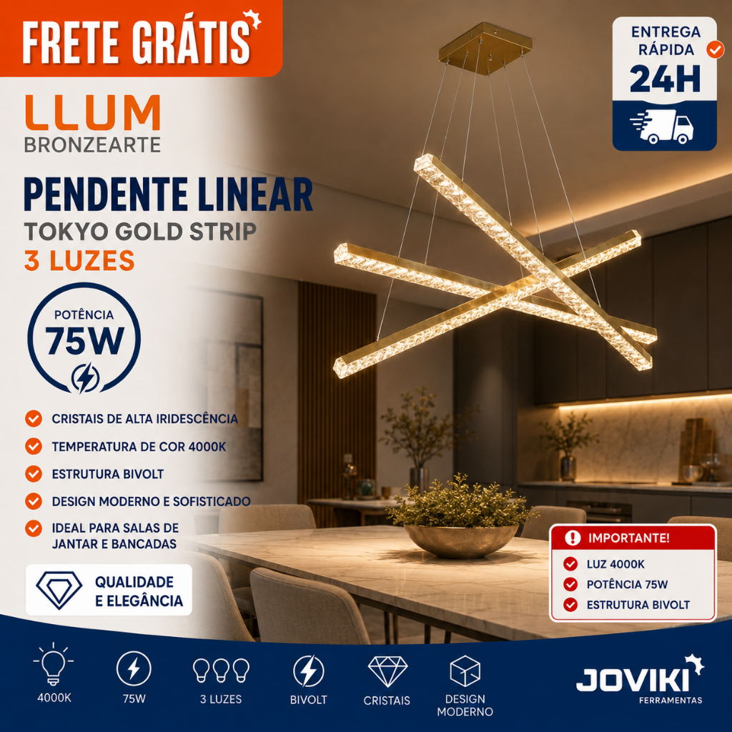 Luminária Pendente de LED Tokyo Gold Strip Linear 3 Luzes